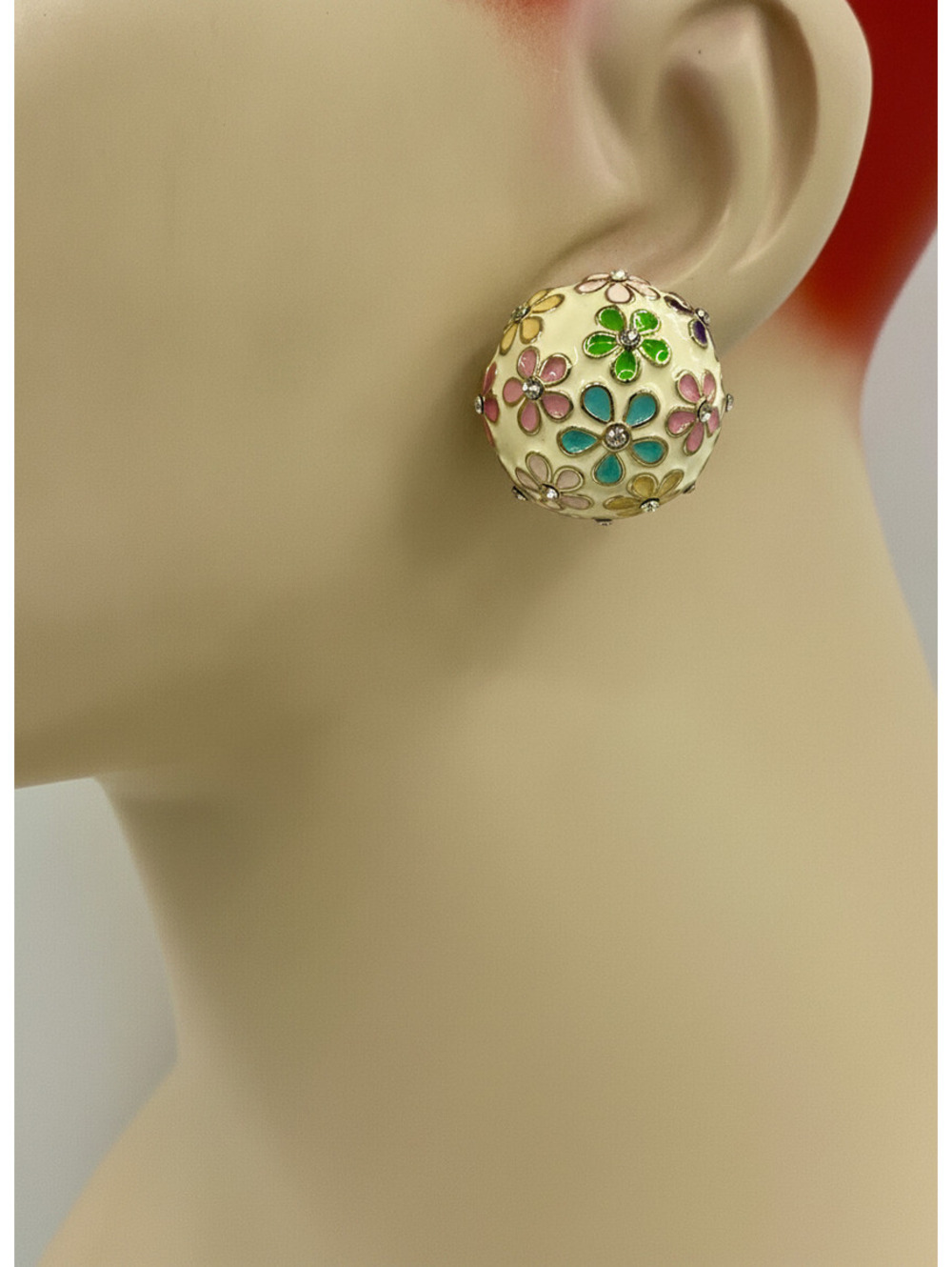 Mini Button Cream Colorful Enamel Tiny Crystals MCM Flower Clip Earrings UU4